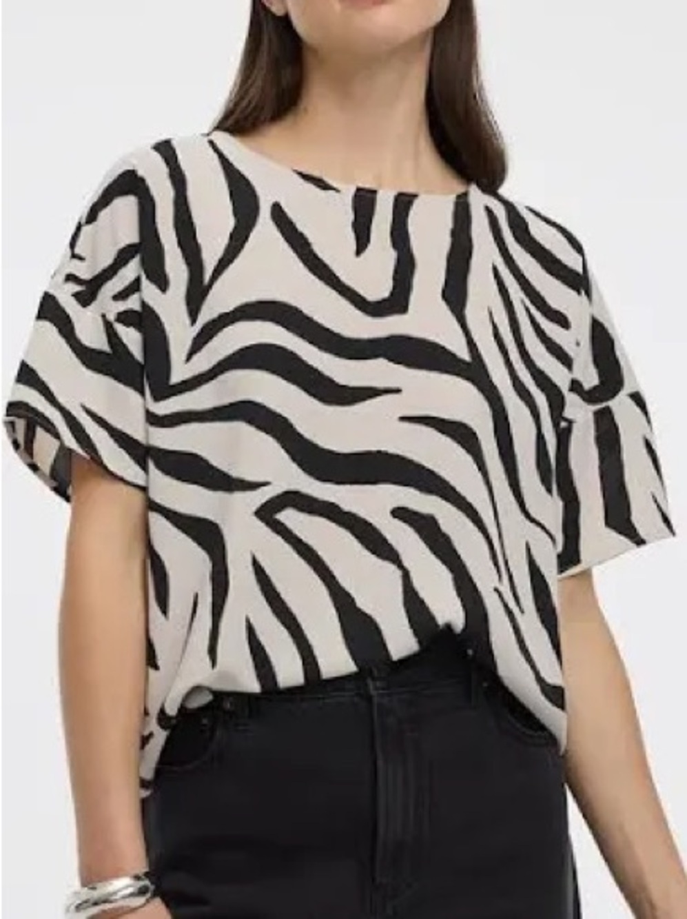 Zebra-Print Short Sleeve Blouse in Cream and Black